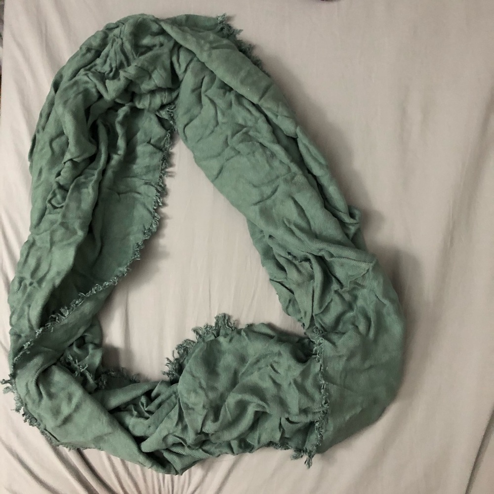Blue green fringed circular scarf